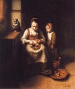 Nicolas Maes A Woman Scraping Parsnips,with a Child Standing by Her oil on canvas